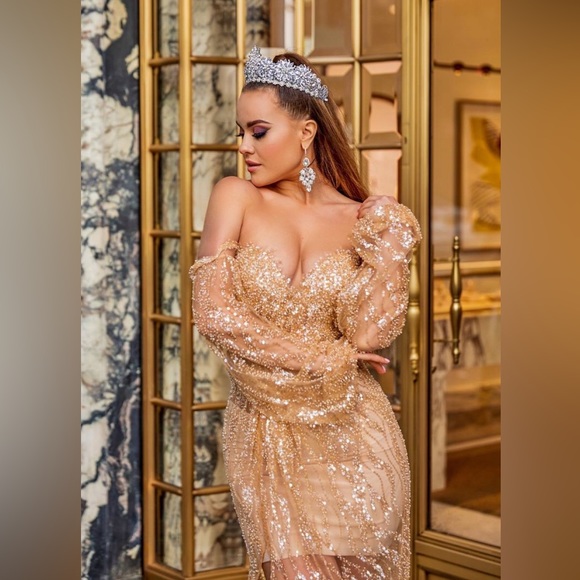 Gold dress, Sparkly gold floor length dress, Beaded sleeve dress